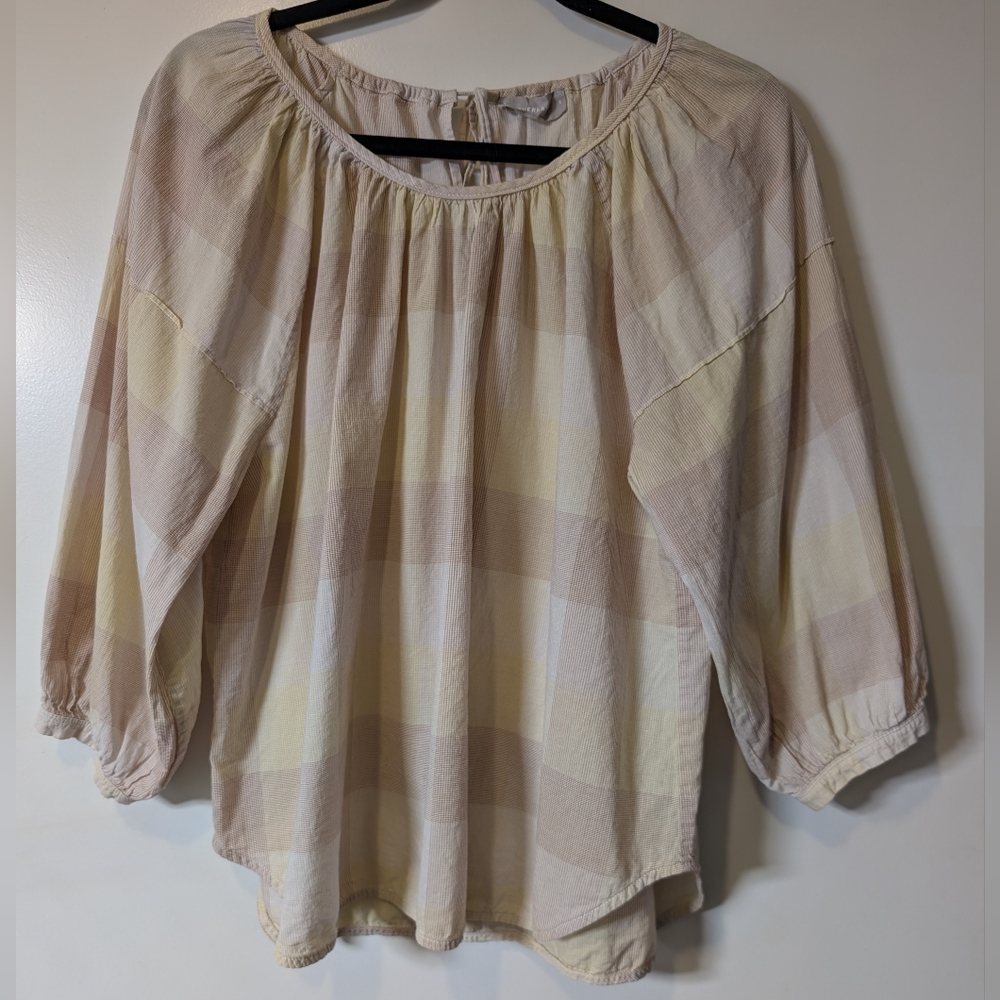 Everlane Cream and Tan Checkered Blouse